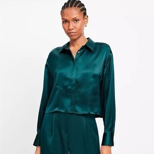 Loft Teal Satin Button-Up Blouse
